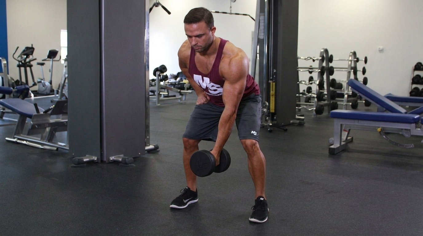 Man in maroon tank top and gray shorts performing a single-arm dumbbell row in a gym.