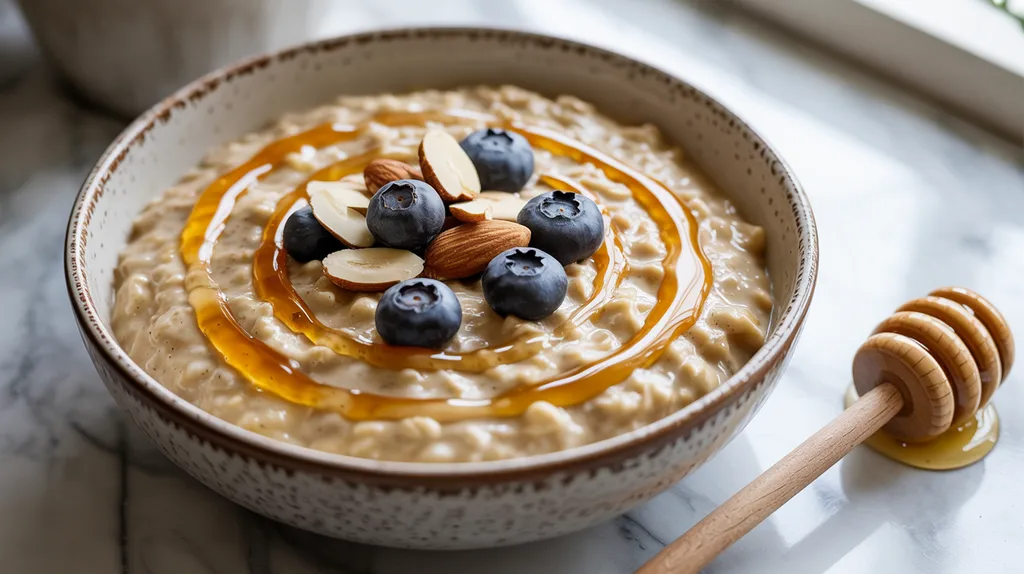 Protein oatmeal topped with honey for workout energy.