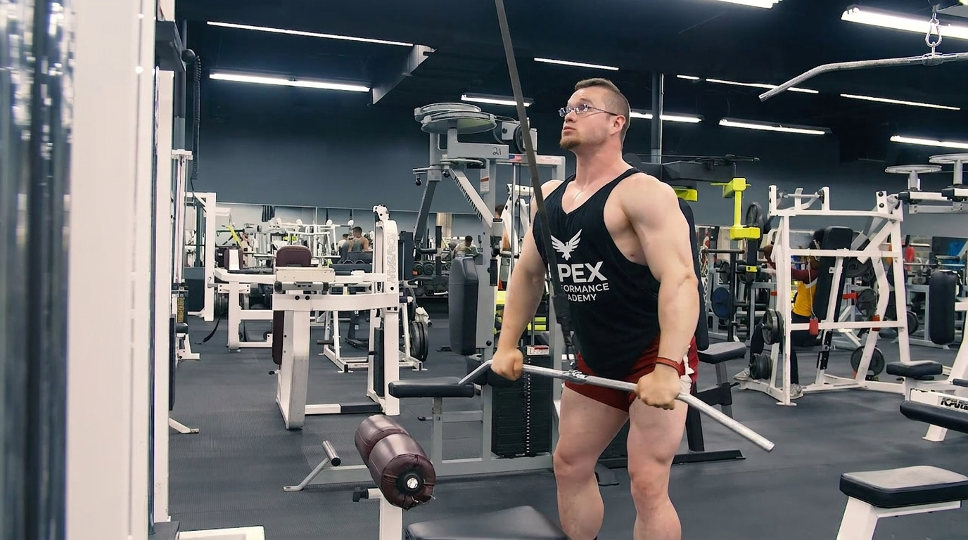 Straight-arm rope pulldown isolating the lat muscles.