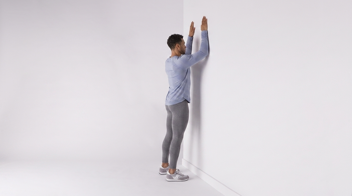 Person performing wall slides to improve posture and upper back mobility