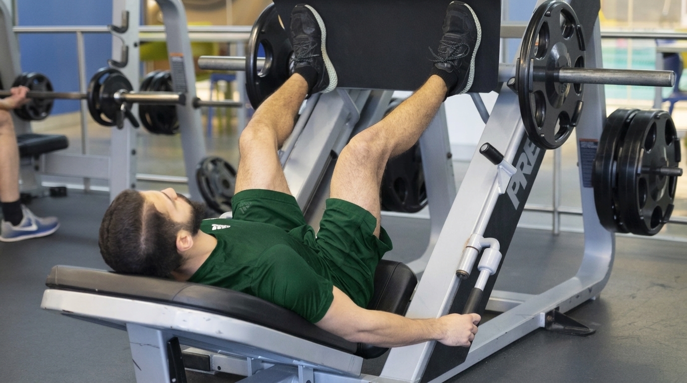 Man in green shirt on leg press machine with high, wide foot placement near top of platform.
