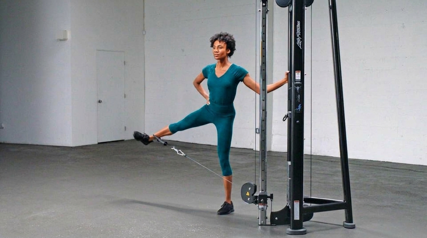 Woman in teal workout set using a cable machine for standing hip abduction with her leg extended to the side.