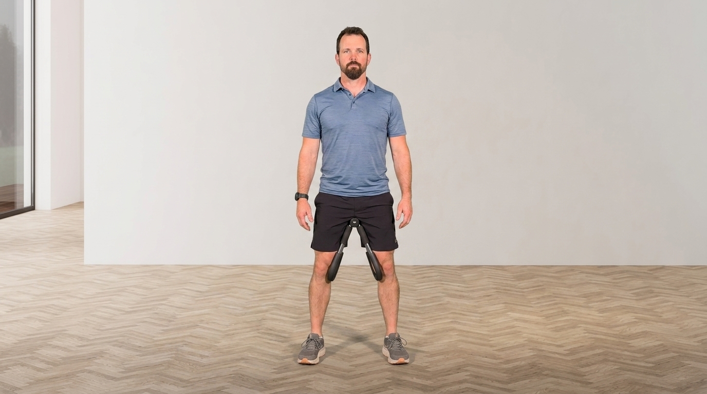 Man stands with Thigh Master positioned between inner thighs for outer thigh resistance work.