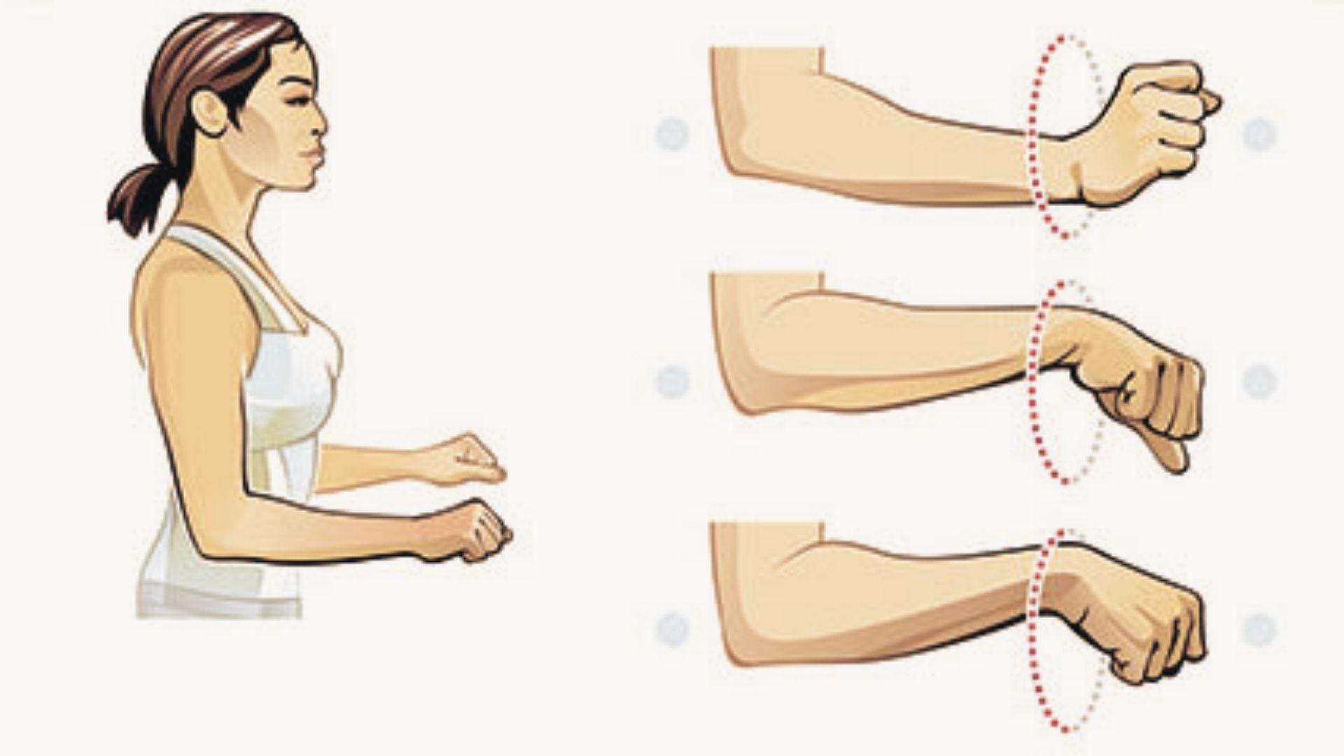 Line illustration of wrist flexor stretch with arm extended, opposite hand pressing down on fingers, arrow pointing down