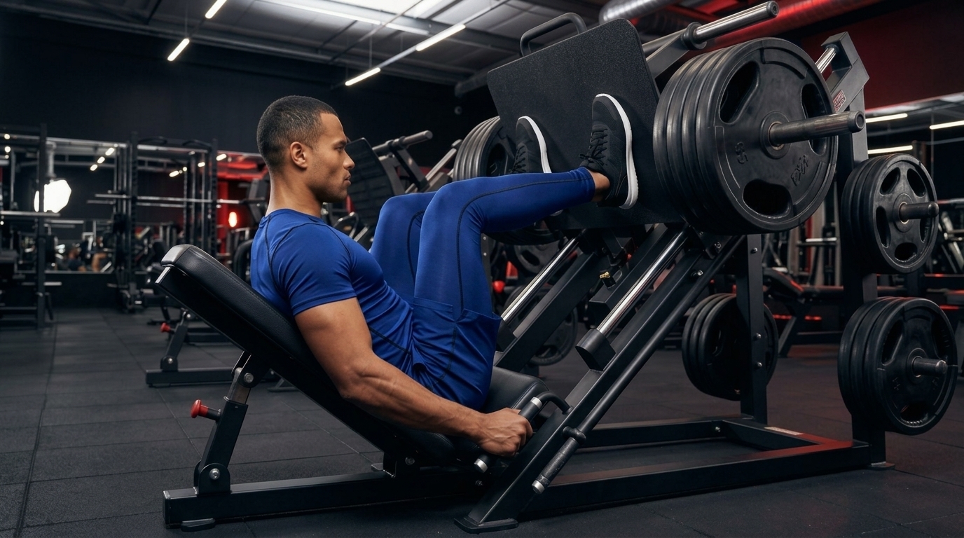 Man in blue athletic wear using standard shoulder-width foot placement on leg press.