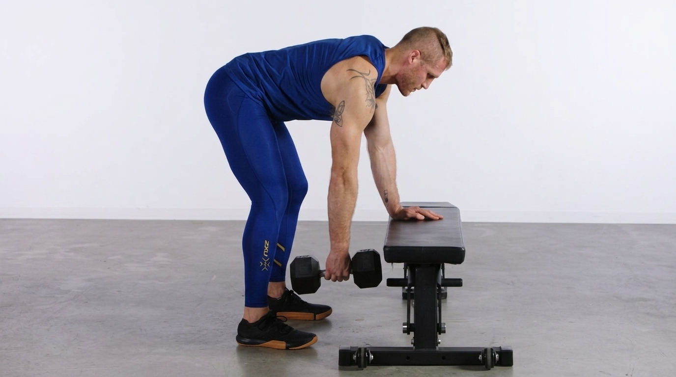 A man in a blue sleeveless top and tights performs a bench-supported single-arm dumbbell row in a neutral stance.
