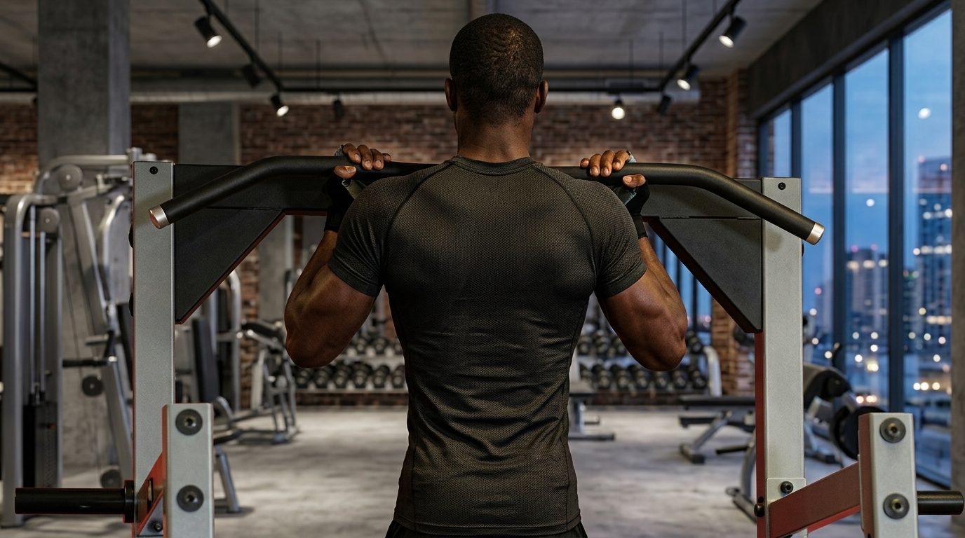 Athlete performing Chin-Up pull up on squat rack in modern gym to build back thickness and biceps