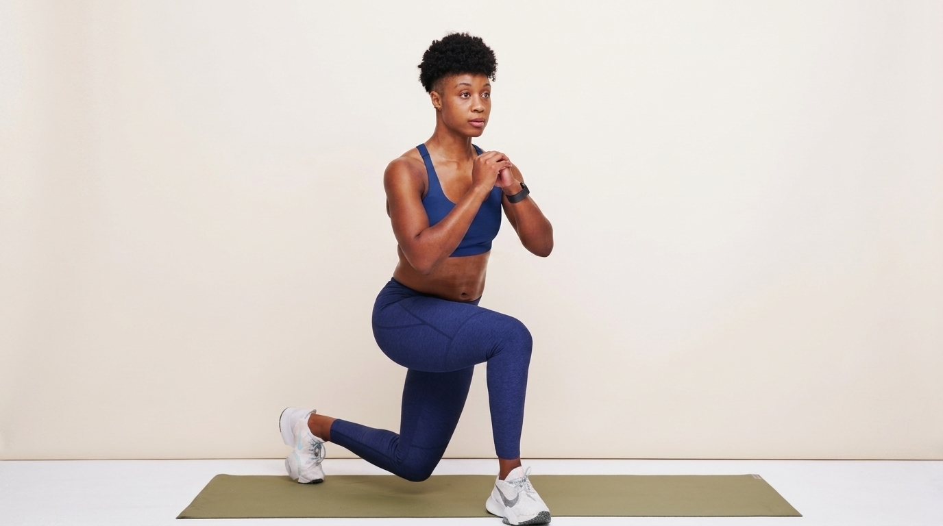 Woman in dark blue activewear performs forward lunge on mat, targeting thighs for toned leg strength