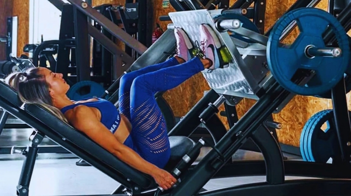 Woman in blue workout set using narrow, centered foot placement on leg press.