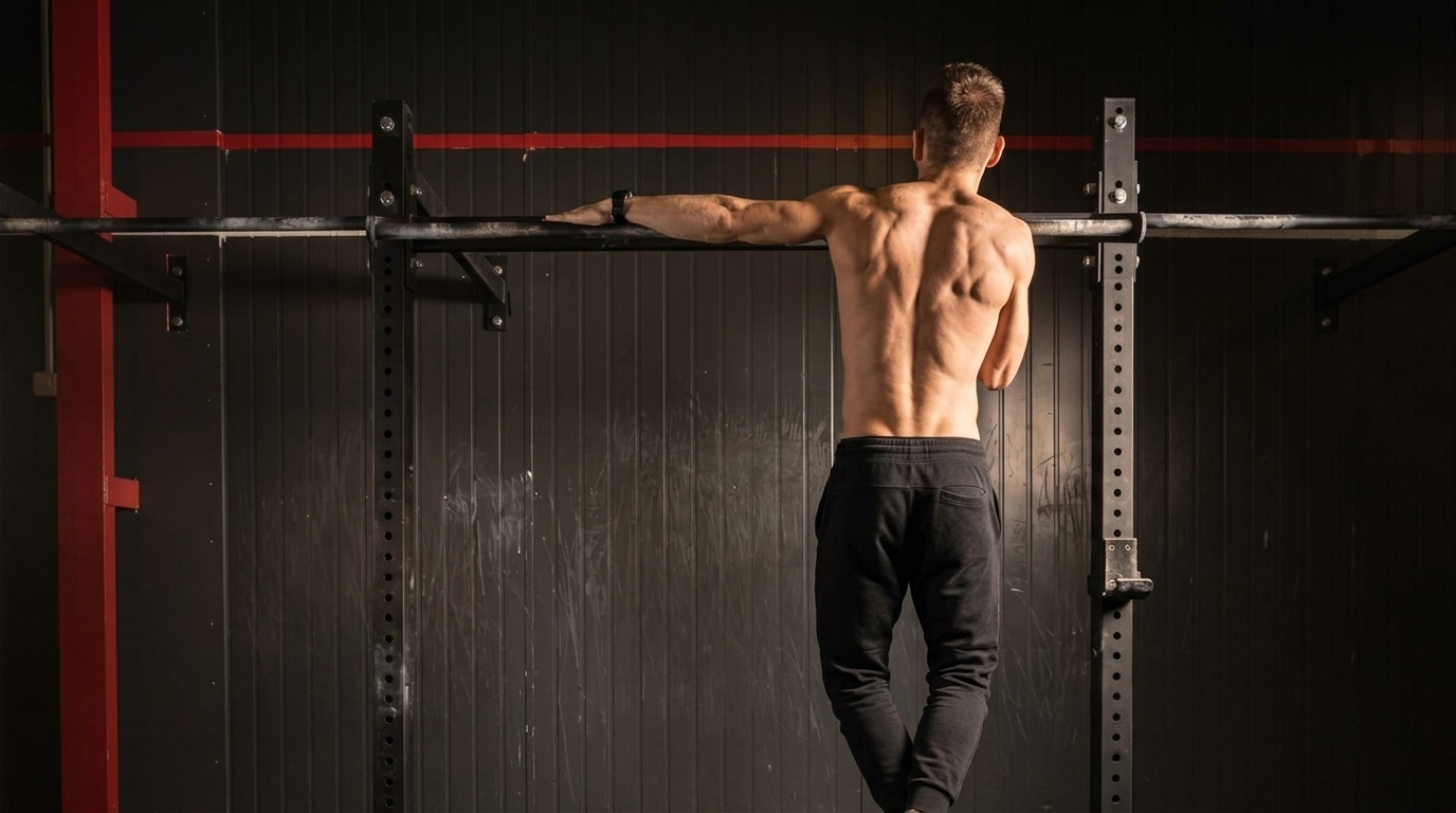 Man demonstrating Archer Pull-Up variation on indoor pull up bar to isolate each side of back
