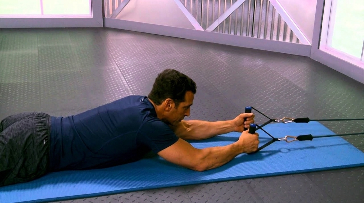 A person is performing Lying Banded Lat Pulldown