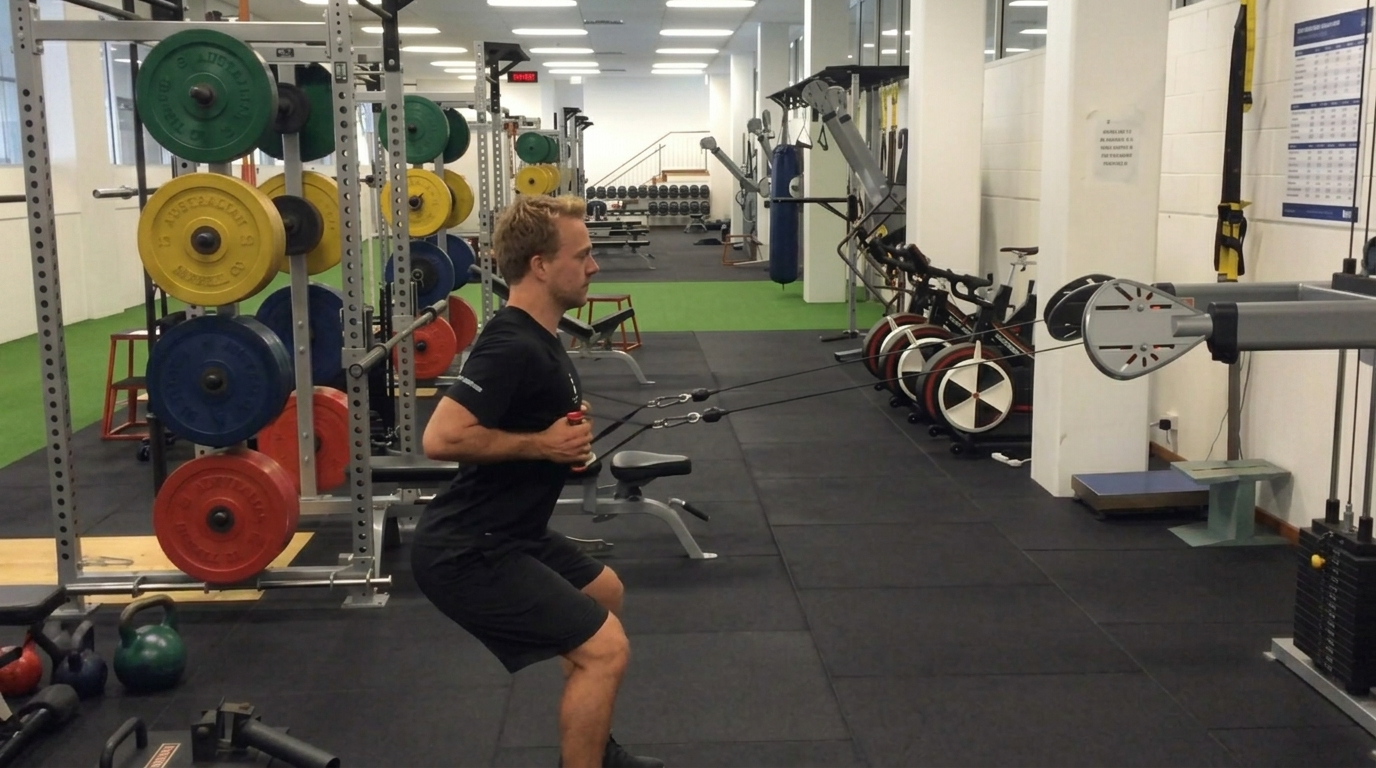 Standing cable row engaging back and core muscles.