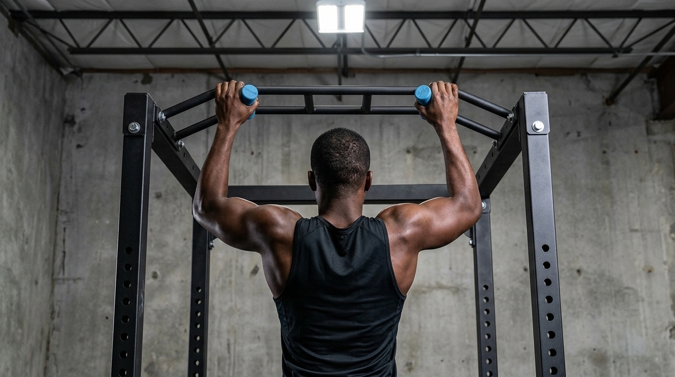 Man using resistance band for assisted Neutral-Grip Pull-Up on wall mounted bar in home gym