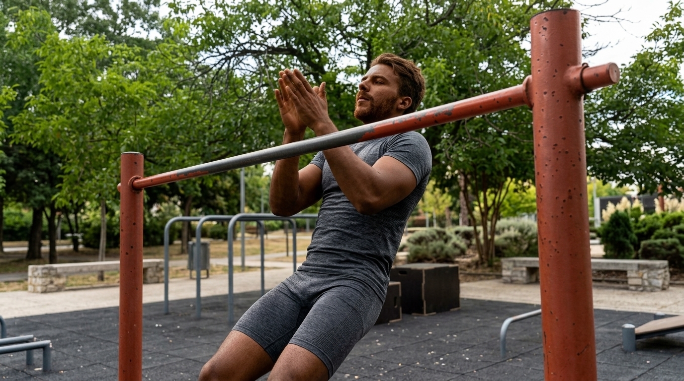 Man performing clapping Push Ups in a Australian row variation on outdoor park bar to build back power