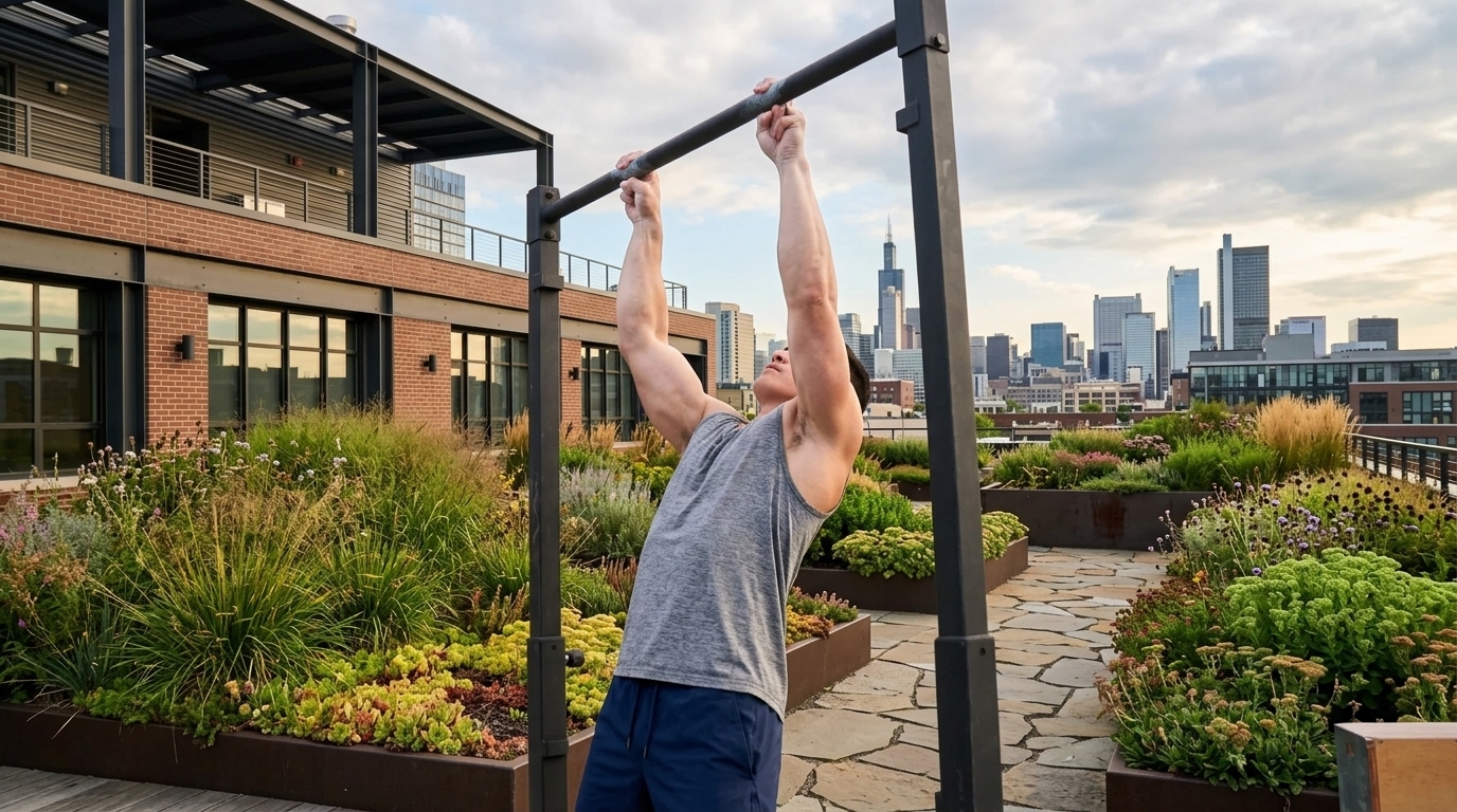 Athlete doing Fingertip Pull-Up variation on rooftop pull up bar with city skyline for back thickness