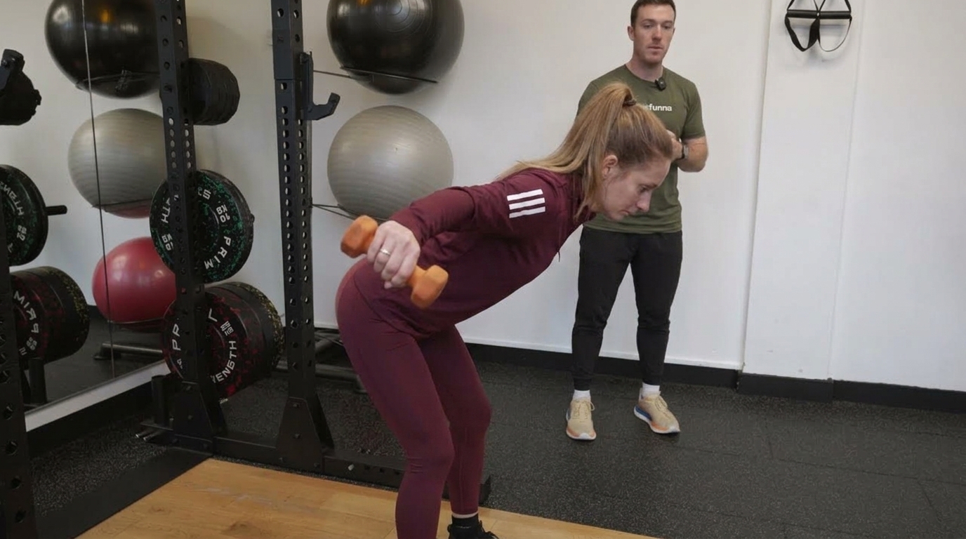 A woman in a maroon tracksuit does dumbbell kickbacks while hinged at the hips, coached by a trainer.