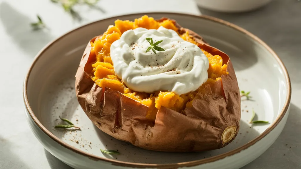 Sweet potato paired with Greek yogurt for workout fuel.