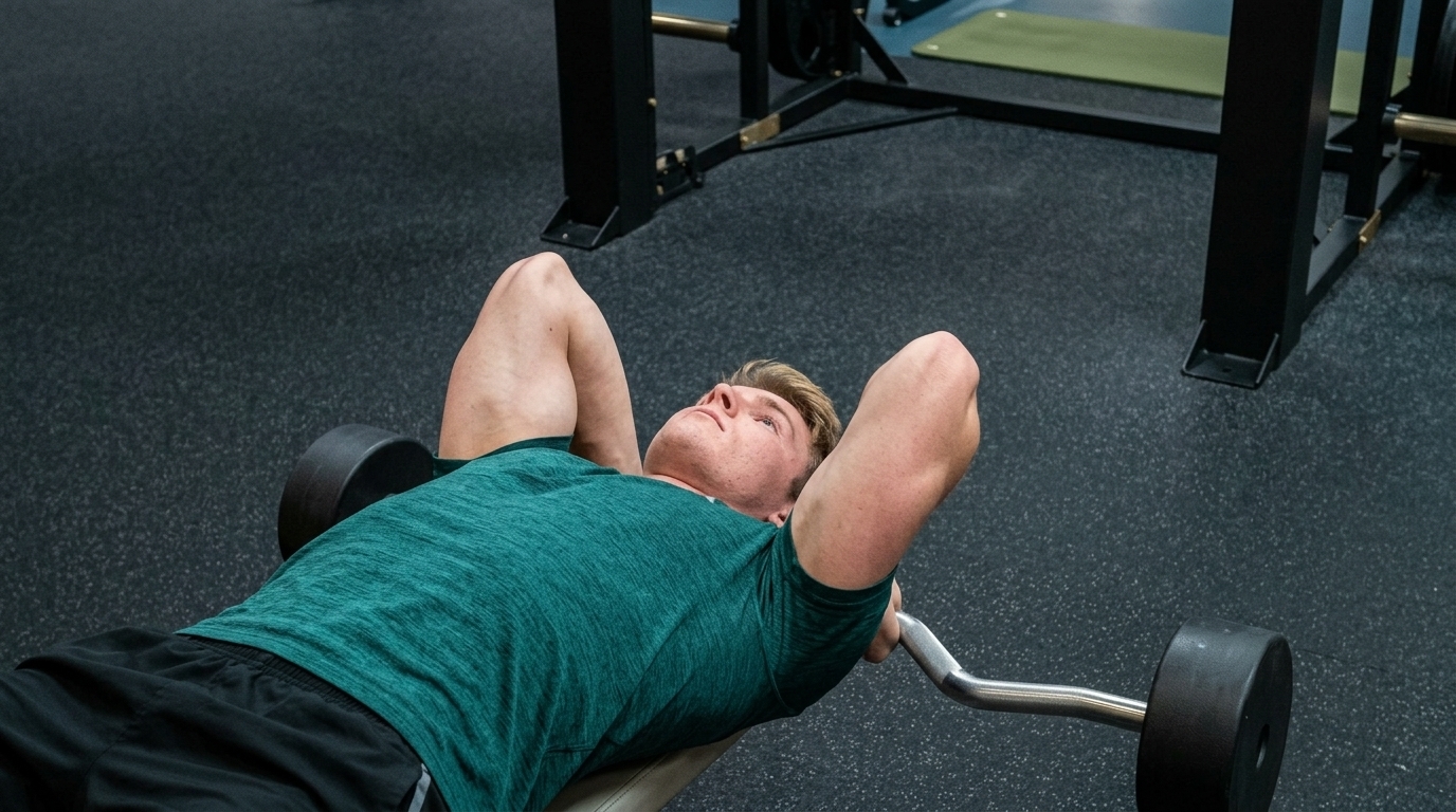 Man in gym performing Skull Crushers exercise targeting medial head of triceps for muscle growth