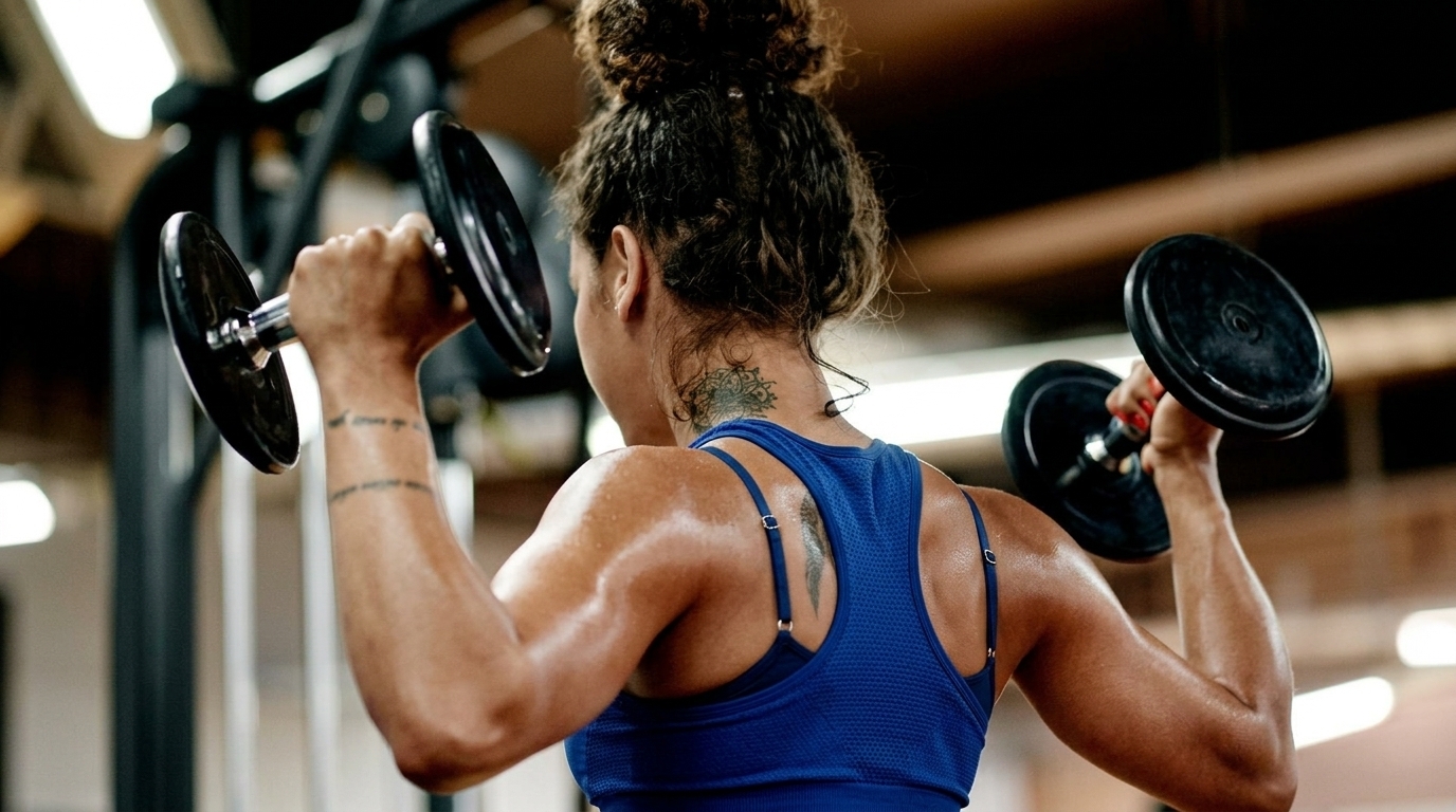 Woman in blue sports bra viewed from behind performs a dumbbell shoulder press in a gym.