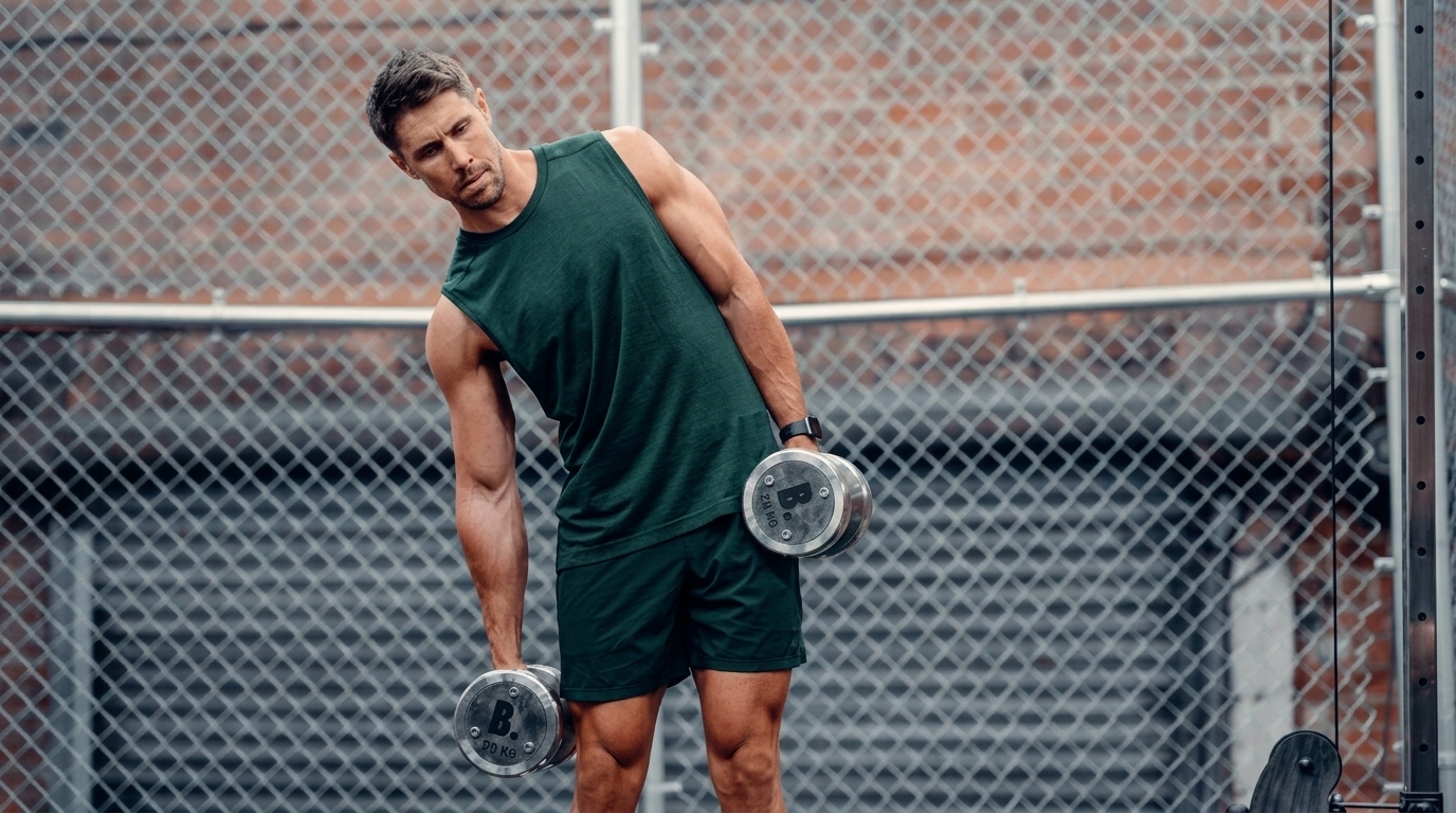 A man in a green tank top performs dumbbell side bends outdoors against a chain-link fence.