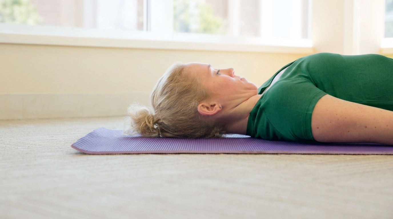 Woman lying on yoga mat performing supine chin tuck exercise to strengthen deep neck flexor muscles