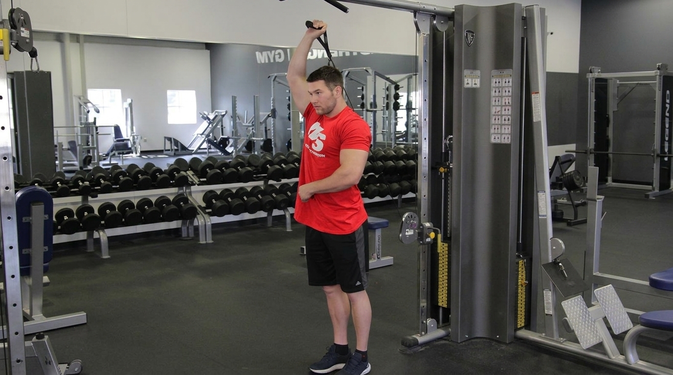 Man in gym performing Single-Arm Overhead Tricep Extension exercise targeting medial head of triceps for muscle growth