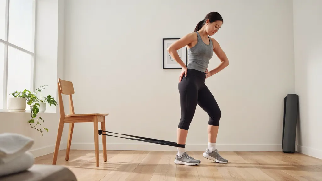 Person standing and using a resistance band to curl their leg backward toward the glutes, strengthening the hamstrings in a controlled motion.