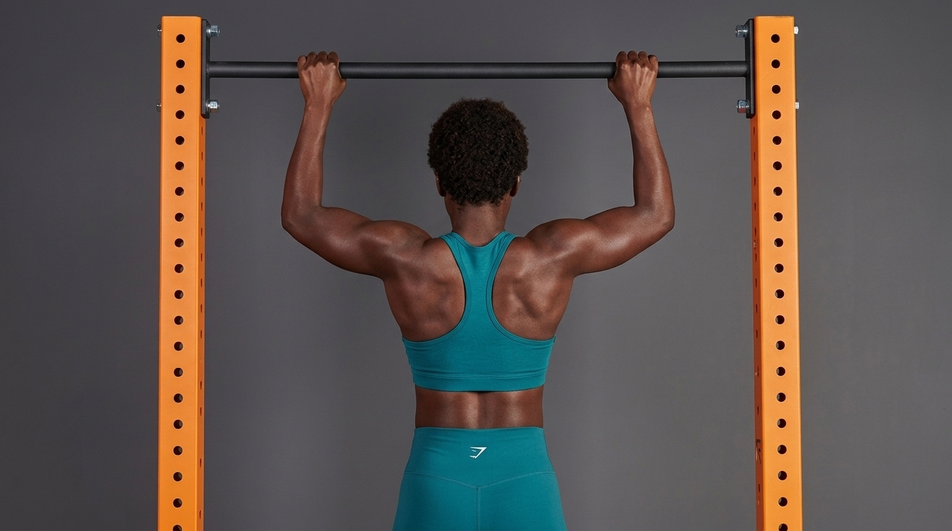 Muscular woman demonstrating wide-grip pull up from behind on orange squat rack to build strong lats and upper back