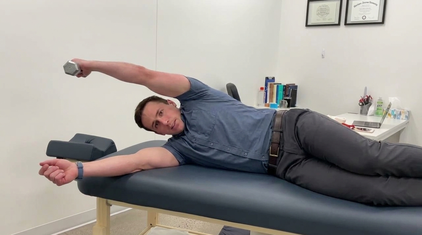 Man lies sideways on a therapy table holding a light dumbbell overhead for a side-lying oblique reach.