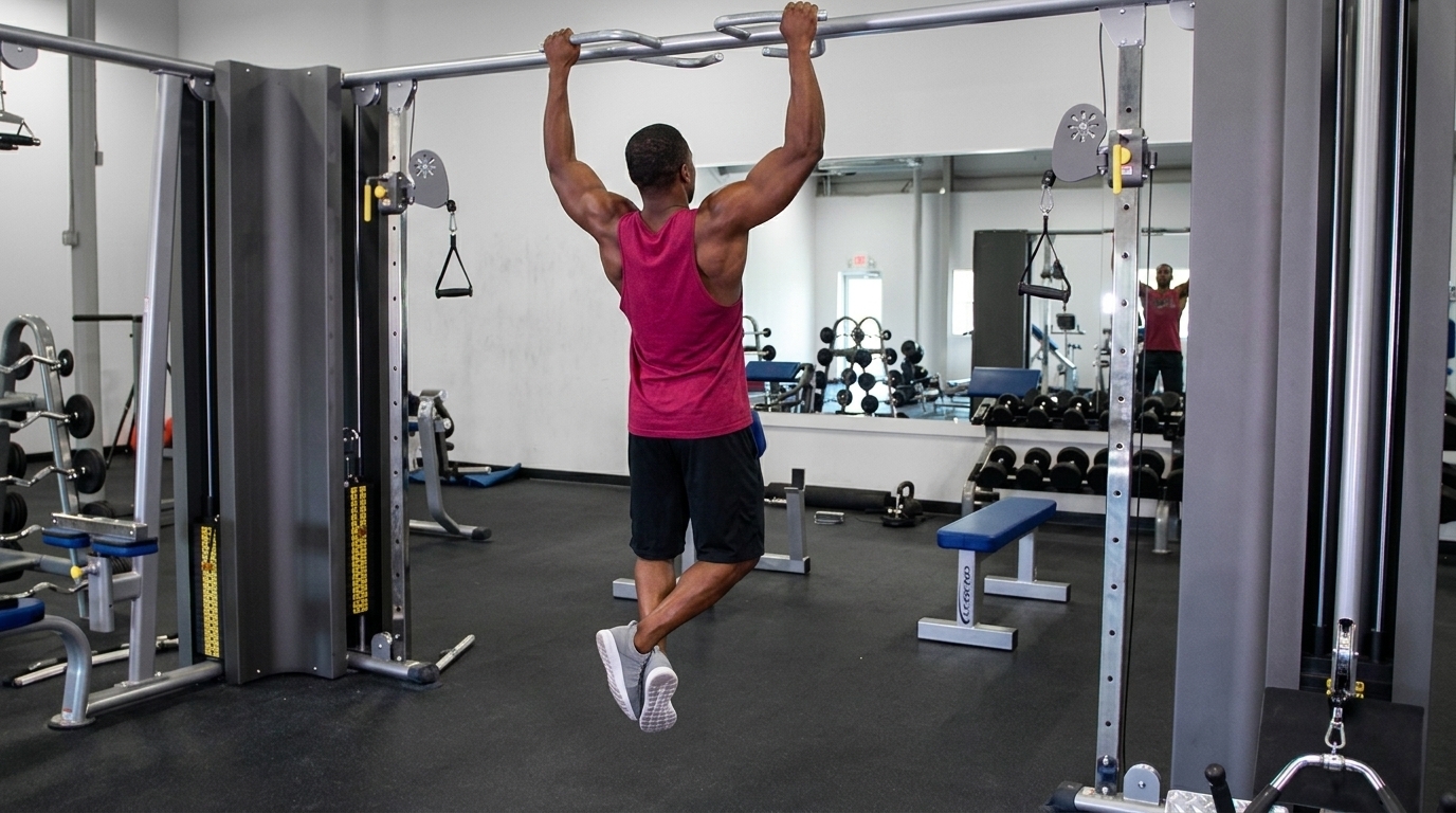 Man executing Wide-Grip pull up variation on playground bar wearing pink shirt to develop unilateral back strength