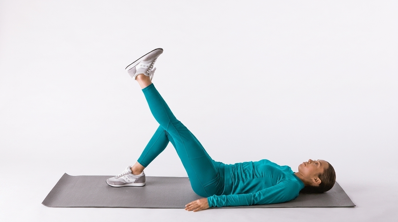 Woman in teal long-sleeve top and leggings lies on a gray mat doing a single-leg raise.