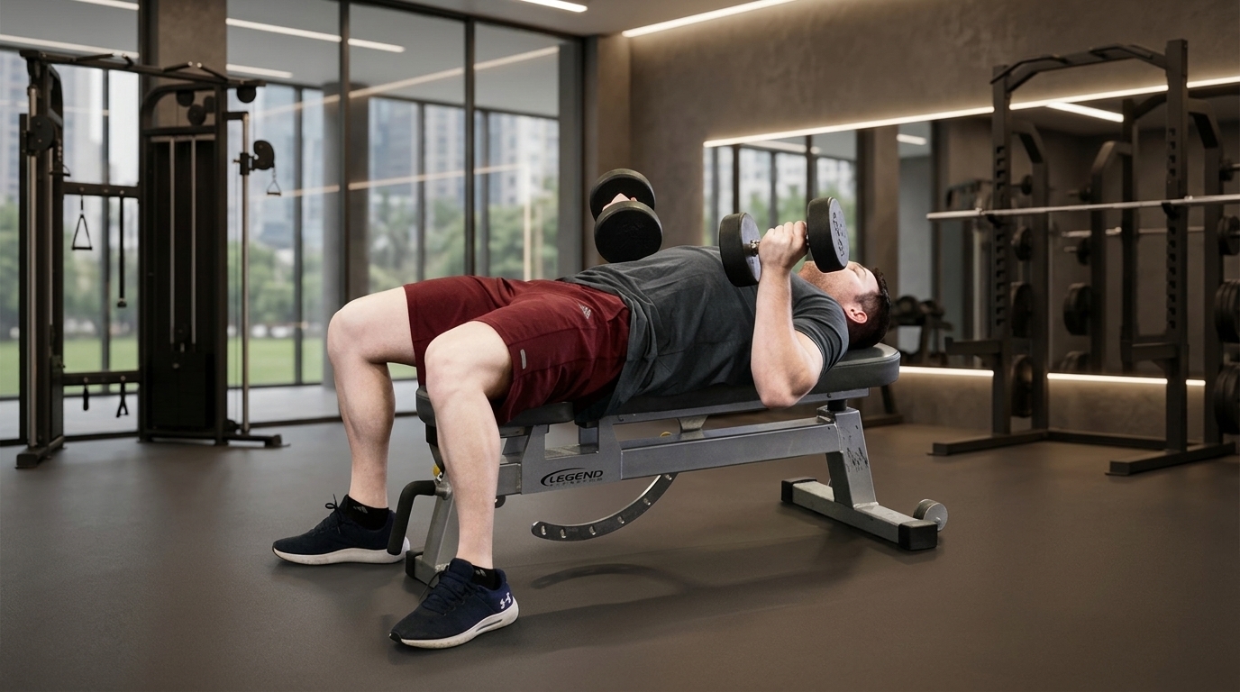 Man in gym performing Reverse-Grip Bench Press exercise targeting medial head of triceps for muscle growth