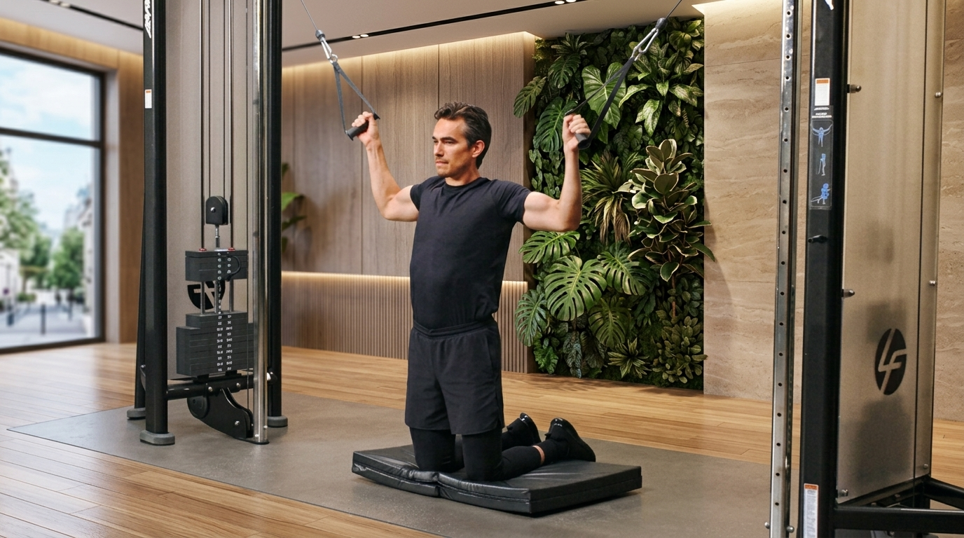 Dual cable crossover lat pulldown for full lat activation.