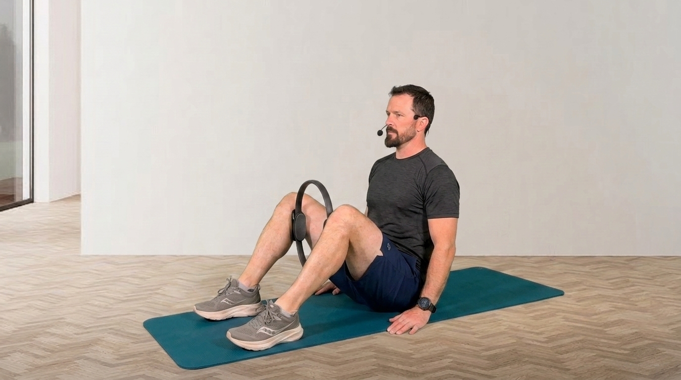 A man sitting on the mat squeezes Thigh Master between knees to strengthen inner thigh muscles.