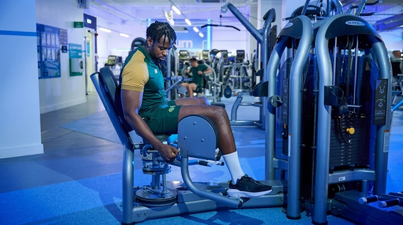 Man in green and yellow gym kit using a seated hip abduction machine in a blue-lit gym.