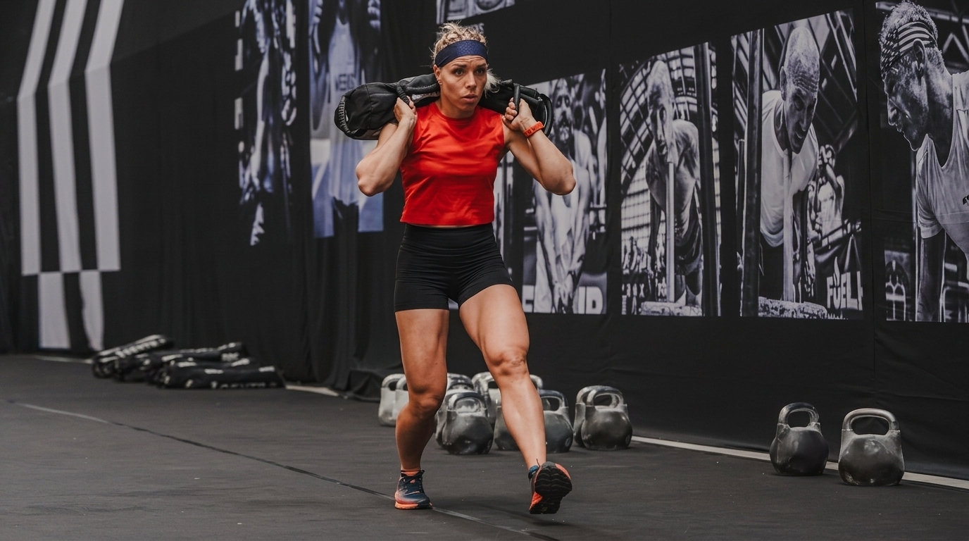 Woman does weighted sandbag carry, a Hyrox workout that builds stamina for race day events.