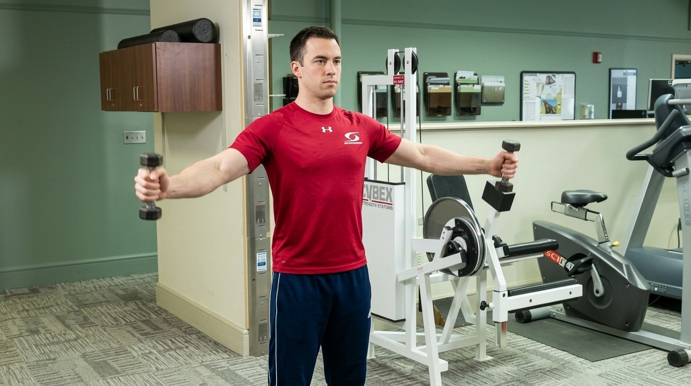 Man in red shirt performing dumbbell scaption raises in physical therapy clinic to strengthen shoulders without injury