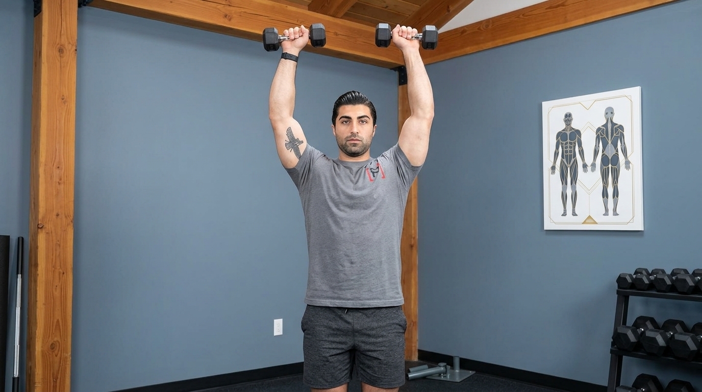 Man doing overhead dumbbell press in gym, showing incorrect scaption raise angle that can cause shoulder impingement
