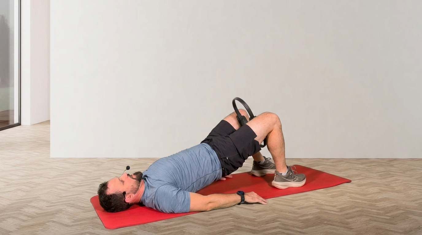 Man in glute bridge position squeezes Thigh Master between knees to activate glutes and core.