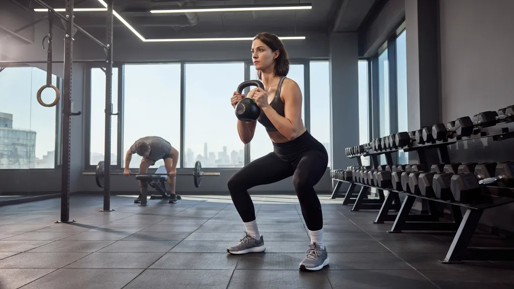 Woman performing a goblet squat with a kettlebell