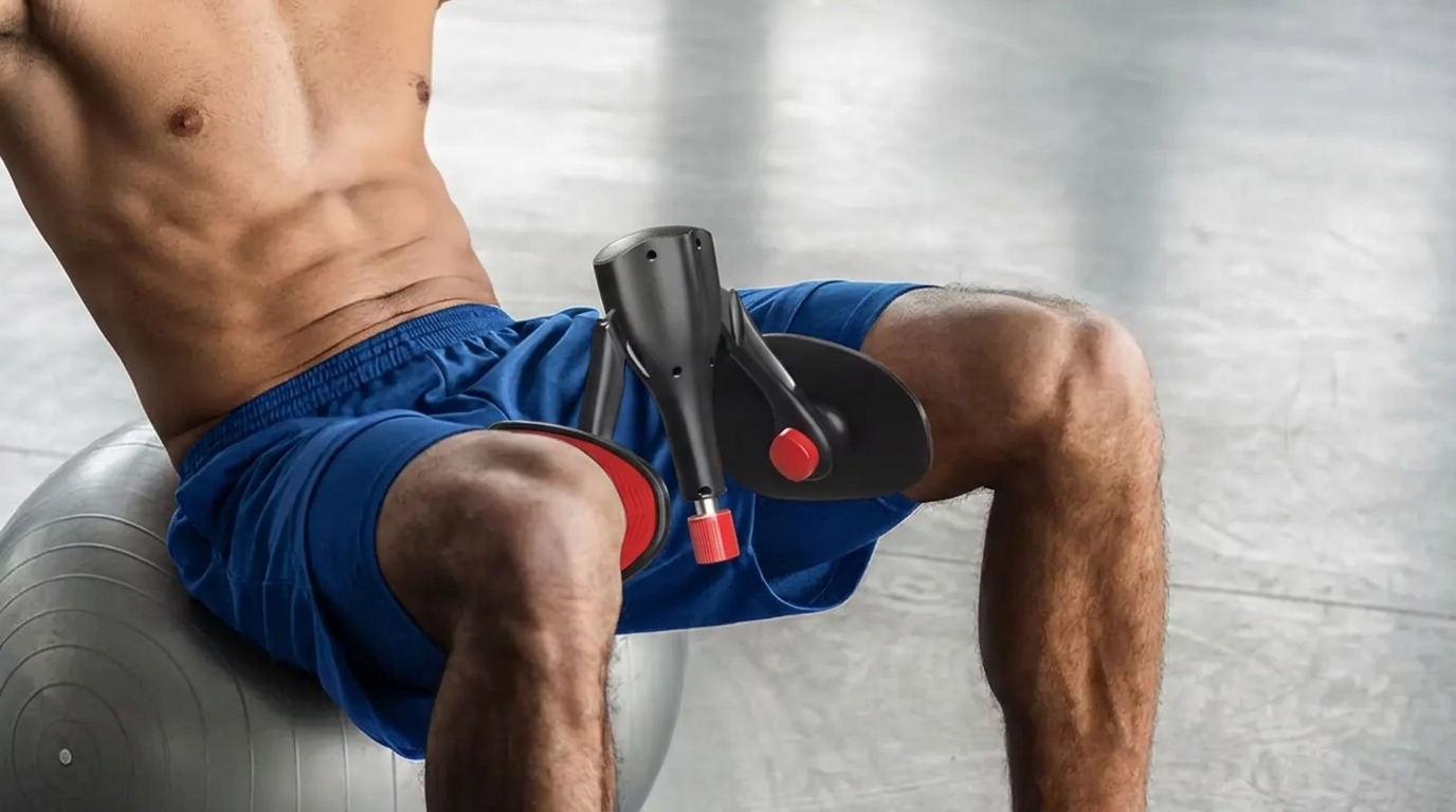 Shirtless man on stability ball squeezing black and red Thigh Master between knees for inner thighs.