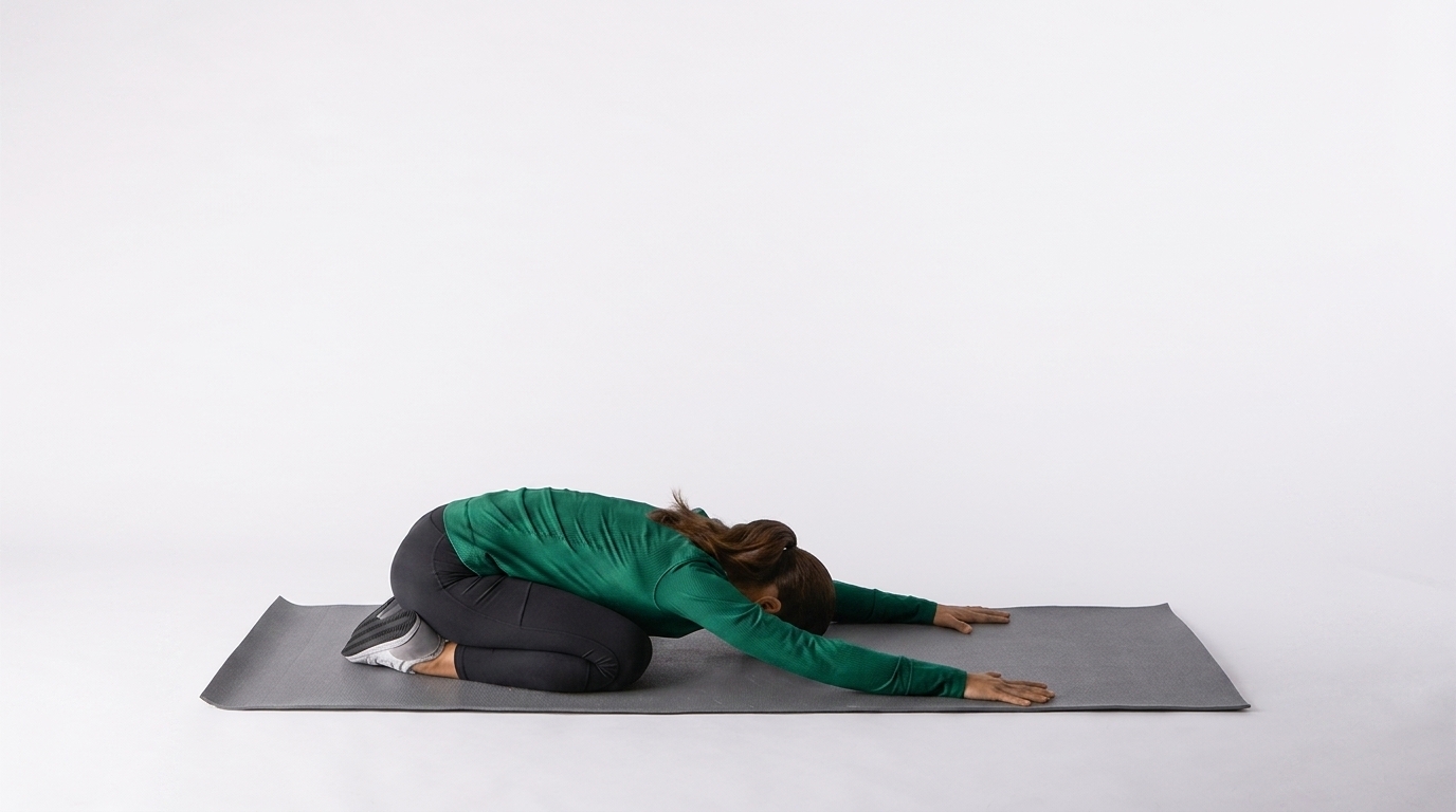 Woman in a green long-sleeve top performs Child’s Pose on a grey yoga mat against a white backdrop.
