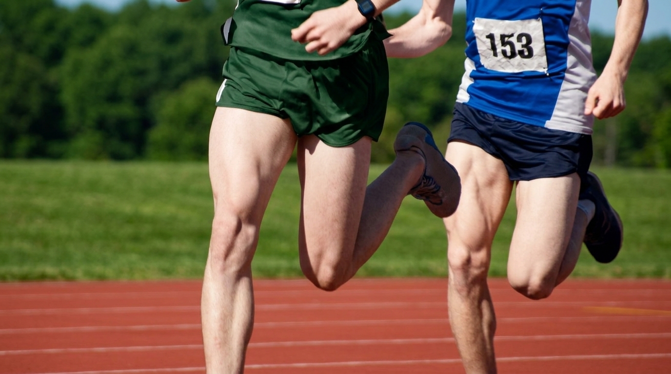 Two athletes running on a red track showing strong quadriceps and knee flexion, demonstrating vastus medialis activation during sprinting