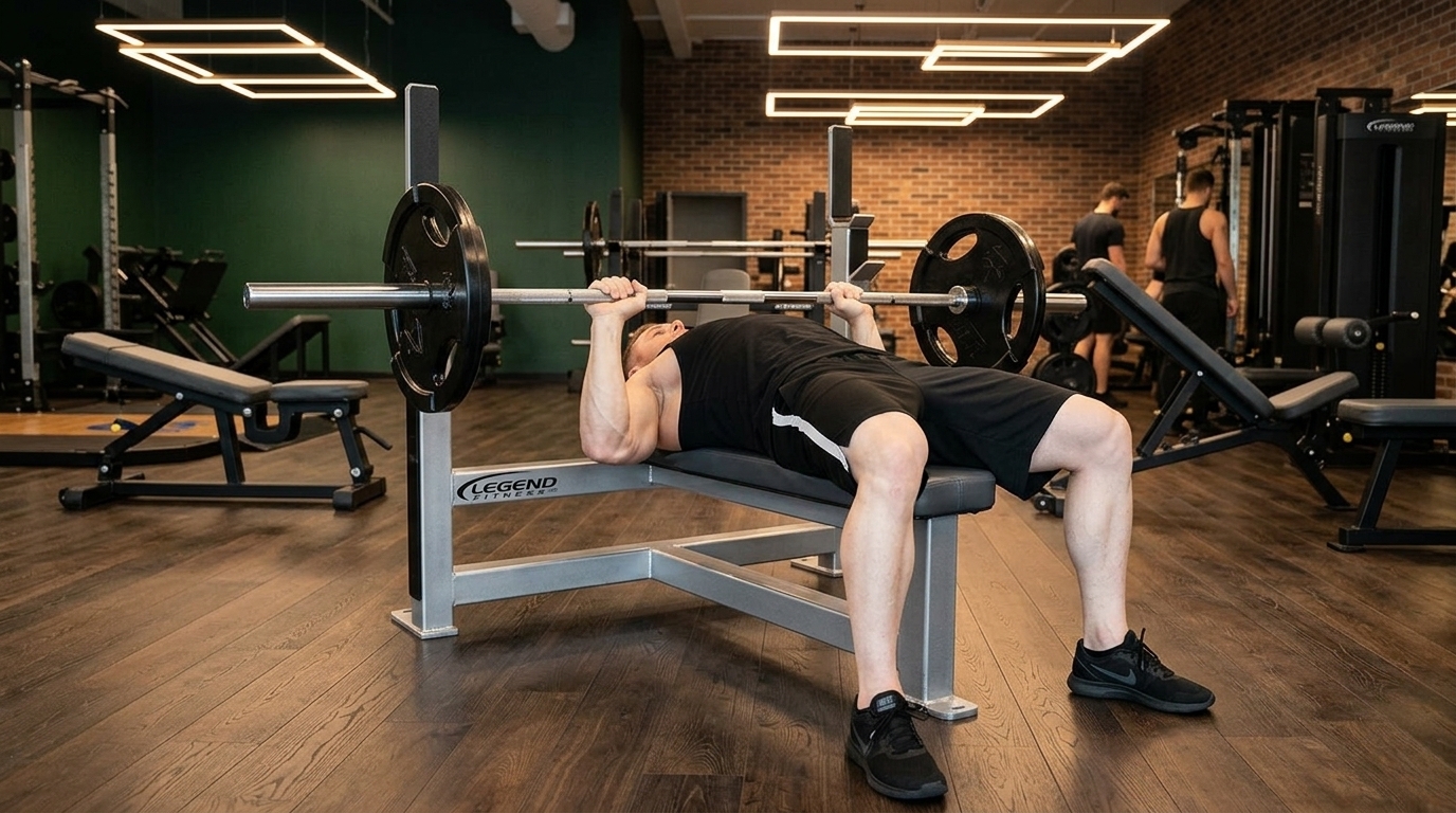 Man in gym performing Close-Grip Bench Press exercise targeting medial head of triceps for muscle growth