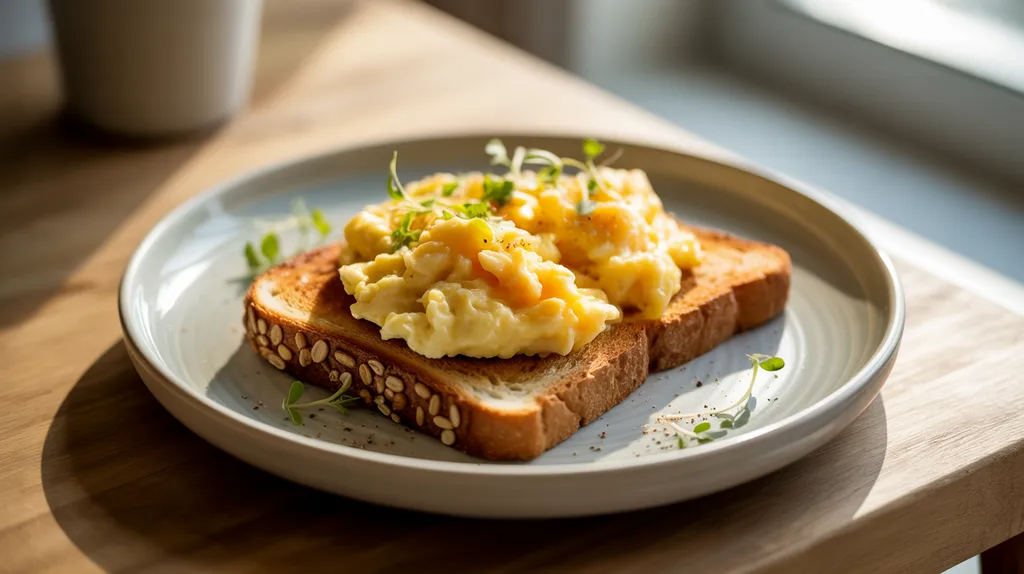 Whole grain toast and eggs prepared as a pre workout meal.