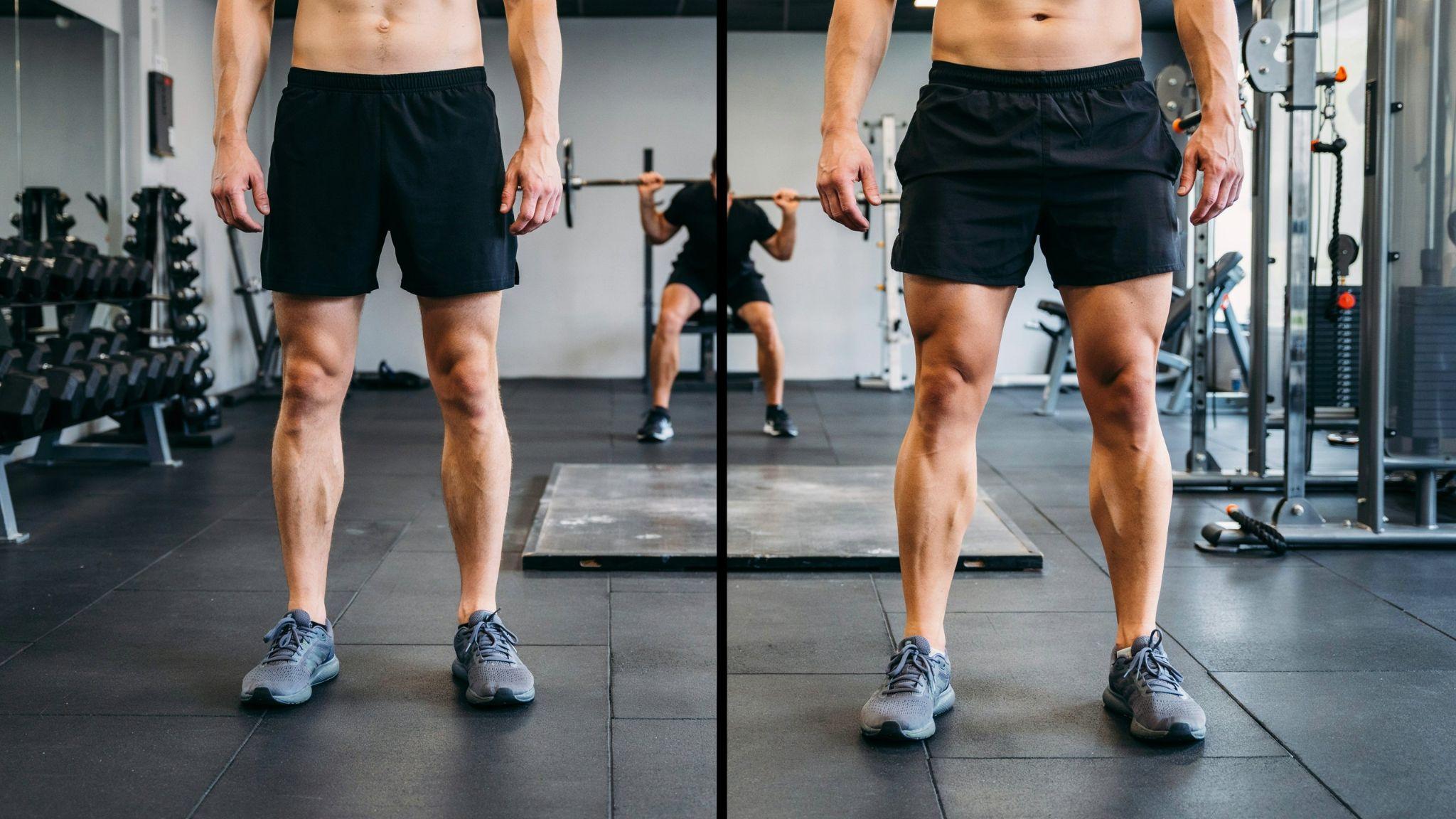 Side by side gym comparison shows skinny legs vs muscular legs, highlighting leg day skipper results.