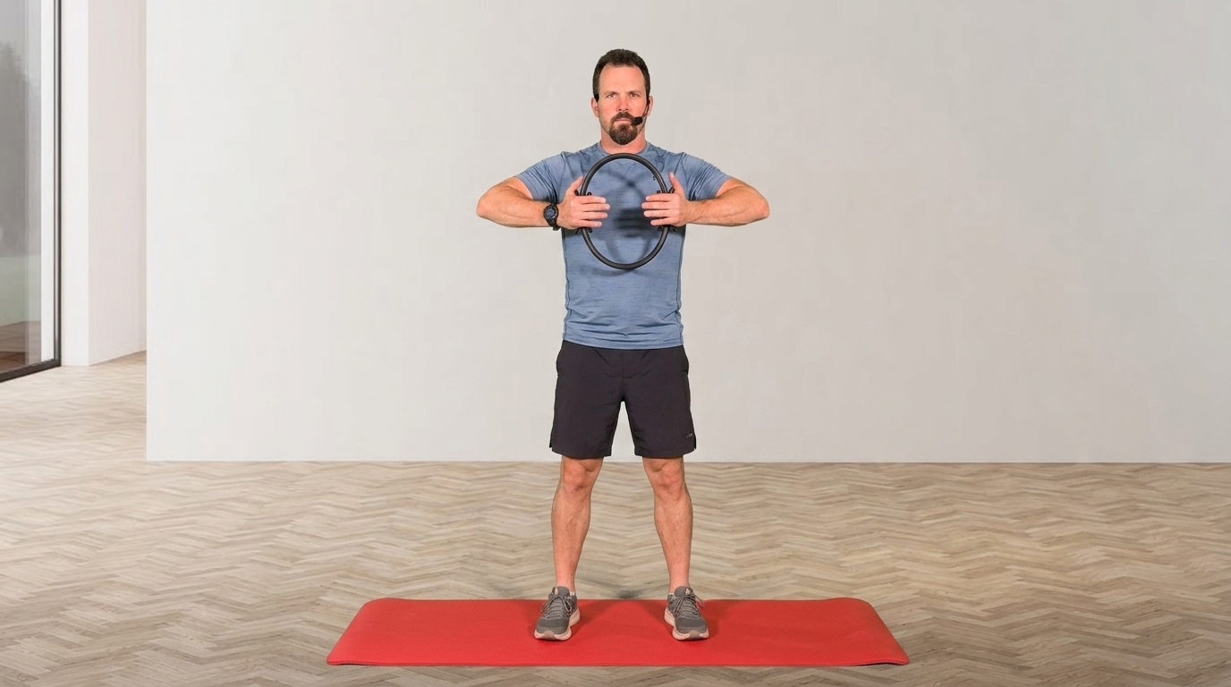 Man standing on red mat presses Thigh Master between palms at chest height for chest work