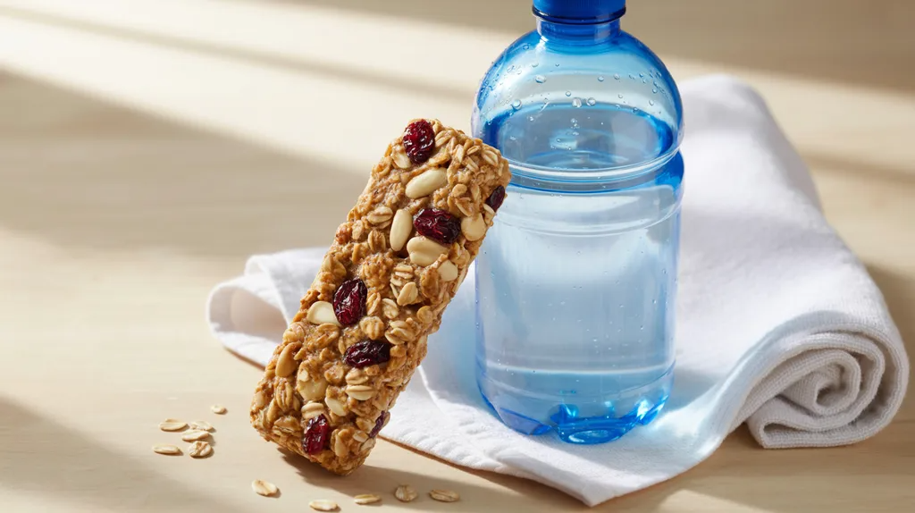 Energy bar and water prepared before exercise.