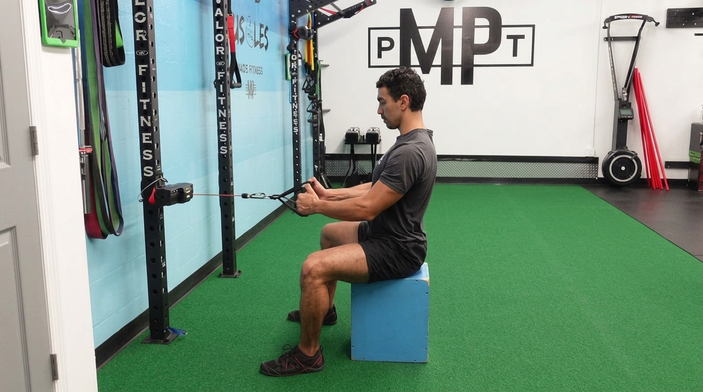 Seated cable row building mid-back thickness and posture.