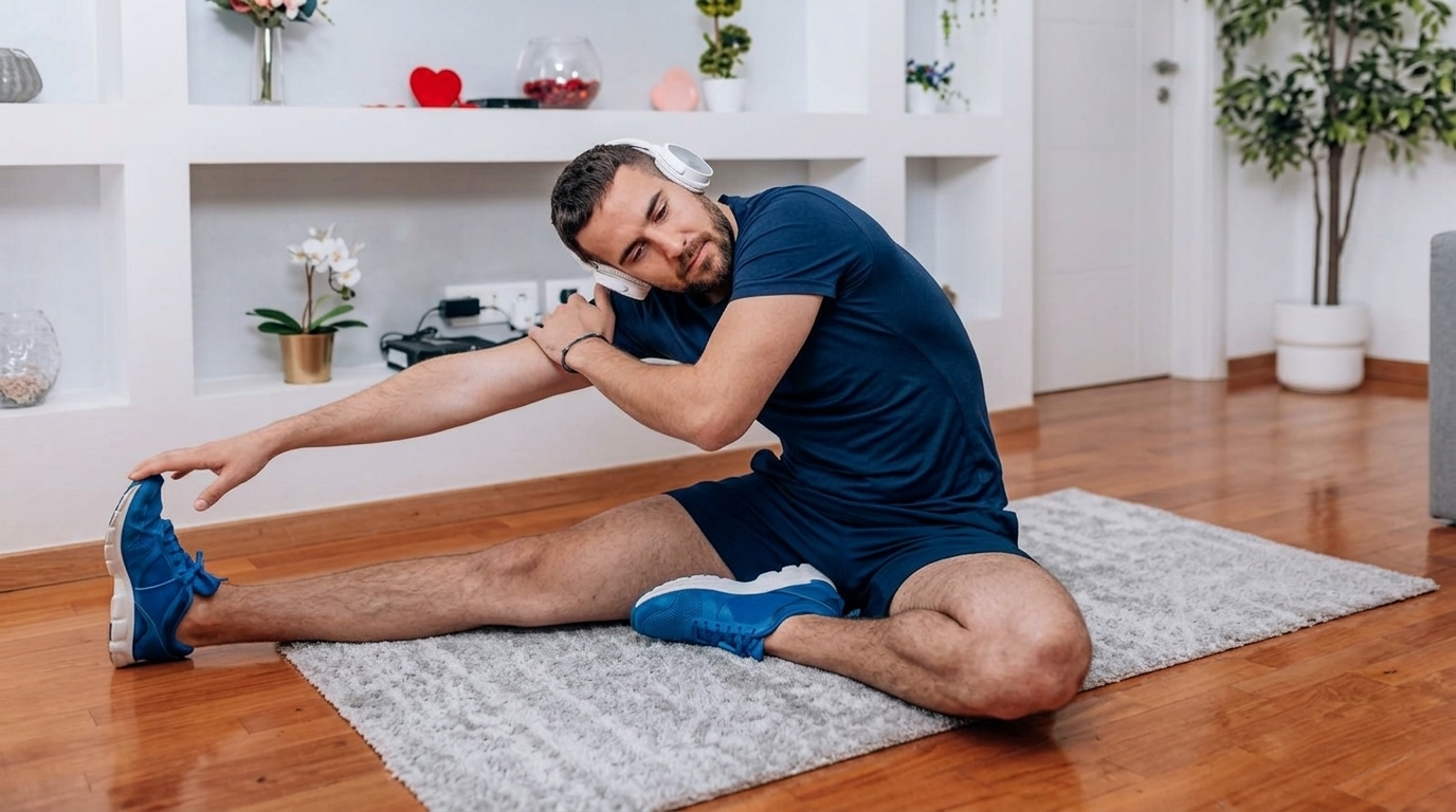 Man in navy activewear and white headphones sits on a rug in a side-bend reach toward his extended foot.